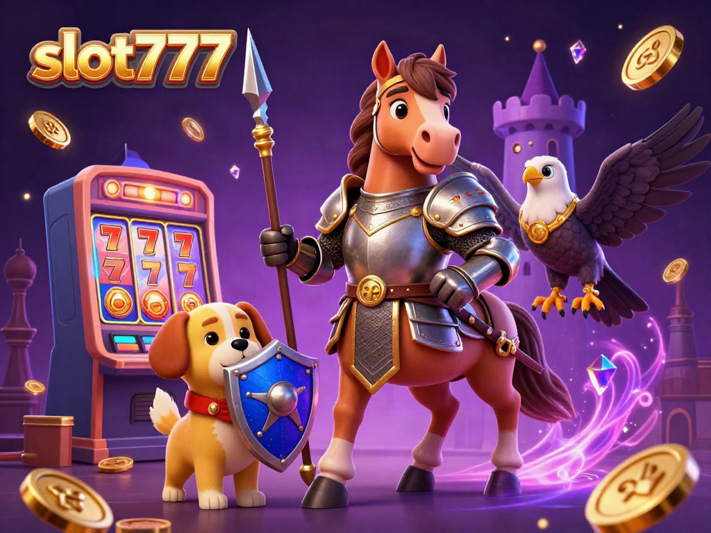 Slot777 menampilkan raja slot beraksi dalam ilustrasi 3D, dikelilingi koin emas berkilau dan jackpot.