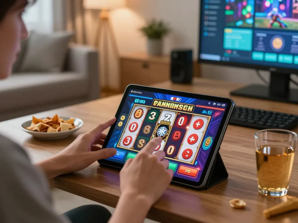 Engaging with a slot deposit 2rb game on a tablet in a cozy home setting, showcasing online casino gaming