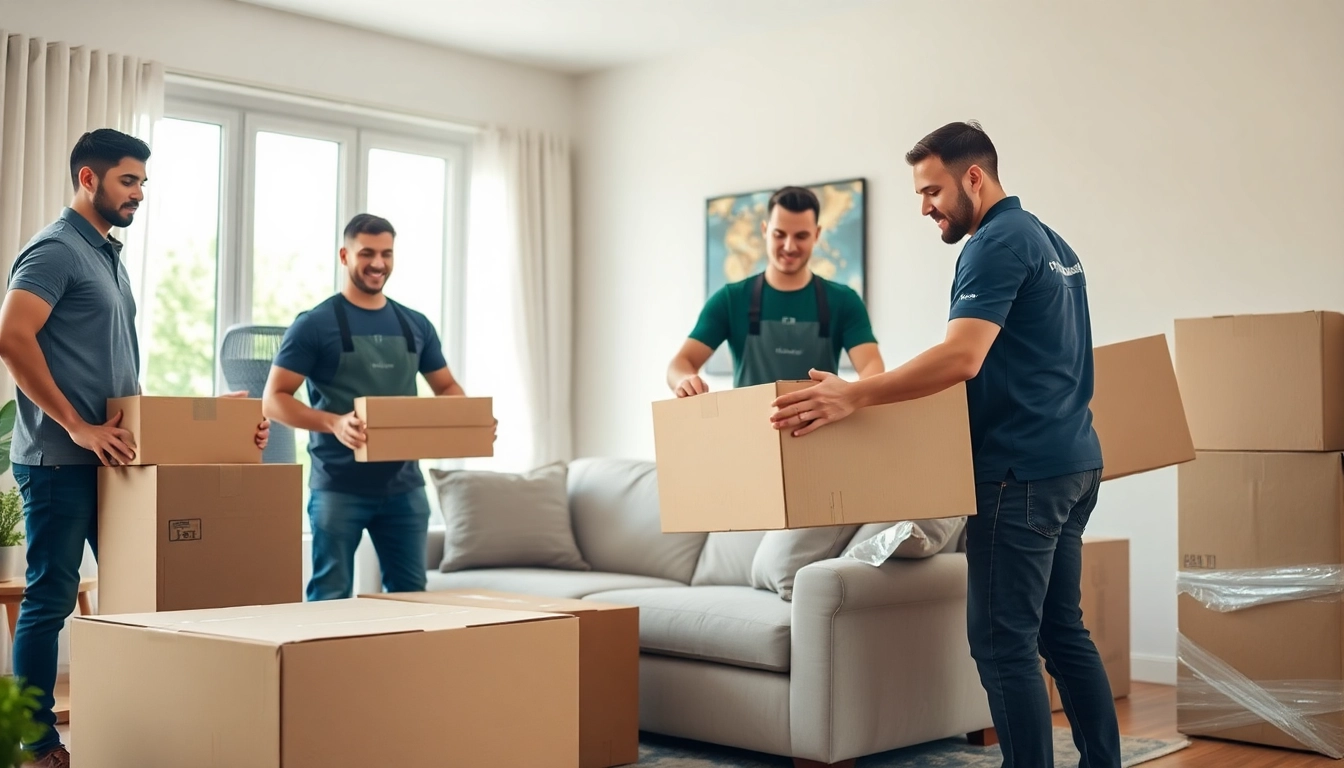Toronto movers packing furniture professionally in a bright, modern living room.
