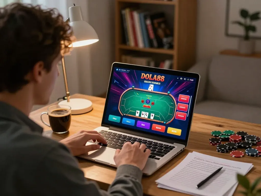 DOLA88 player immersed in online poker game on a laptop at home, showcasing vibrant gaming interface and strategic notes.
