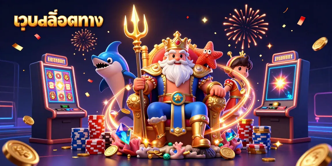 เค้าโครงภาพ 3D 카지노 ที่มีตัวละคร นีปจูน กษัตริย์ทะเลอยู่บนบัลลังก์พร้อมด้วยโลโก้ เว็บสล็อตตรง