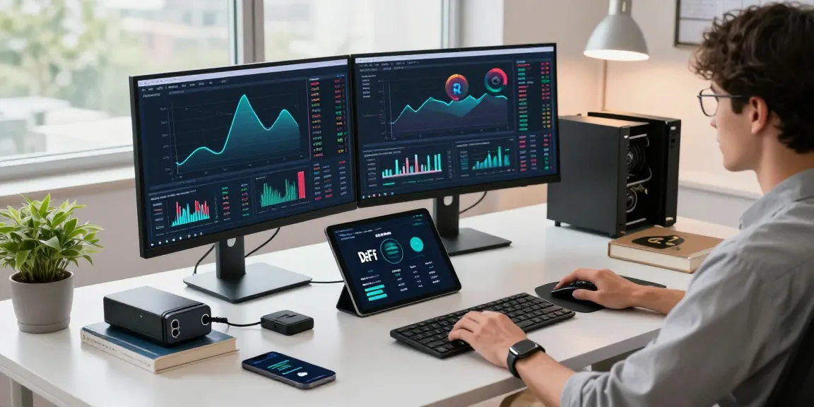 cloud mining company workspace with professional tech setup, cryptocurrency mining charts, digital wallet, blockchain advancements