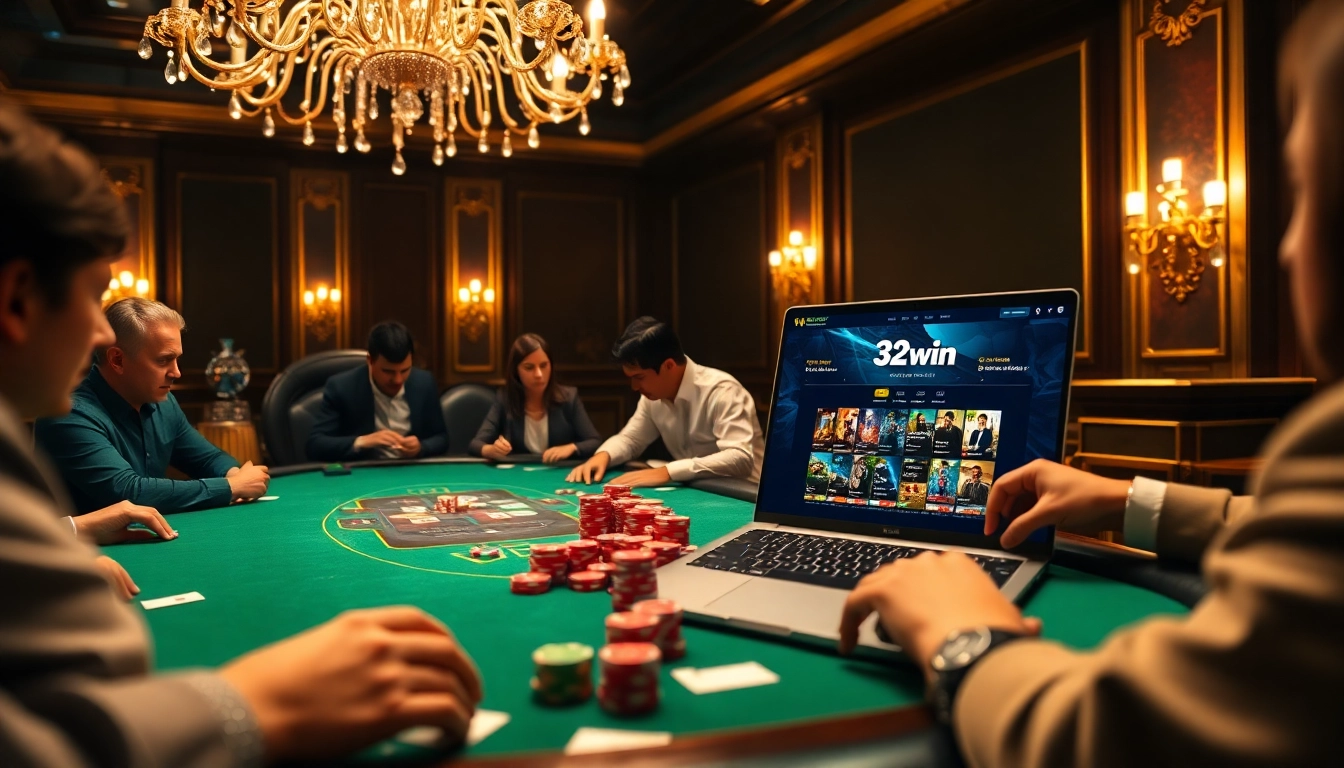 Experience thrilling poker action at 32win.com with vibrant chips and a luxurious casino atmosphere.