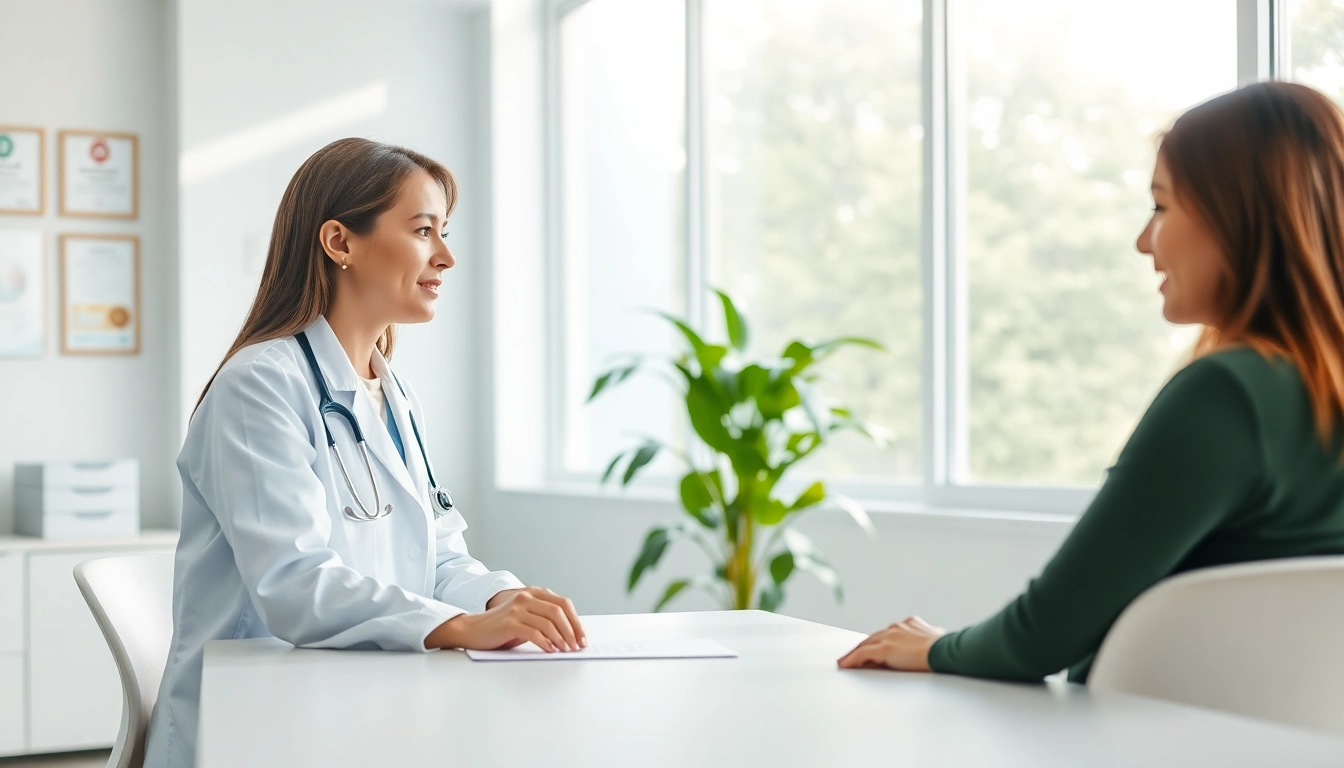 Health consultation between professional and patient in a modern clinic.