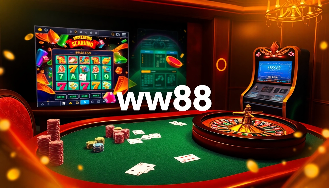 WW88 casino scene with poker chips and a roulette wheel creating an exciting gambling atmosphere