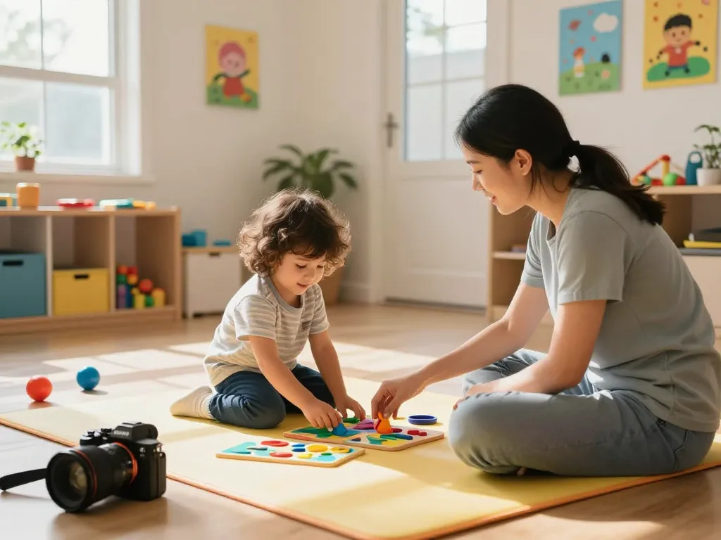 Occupational Therapy Sydney - Child engaging in therapy activities with therapist in a colorful, inviting playroom.