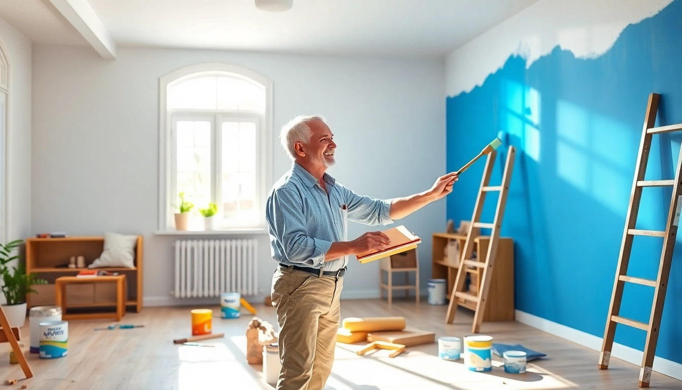 Painting Contractors applying vibrant blue paint in a bright living room