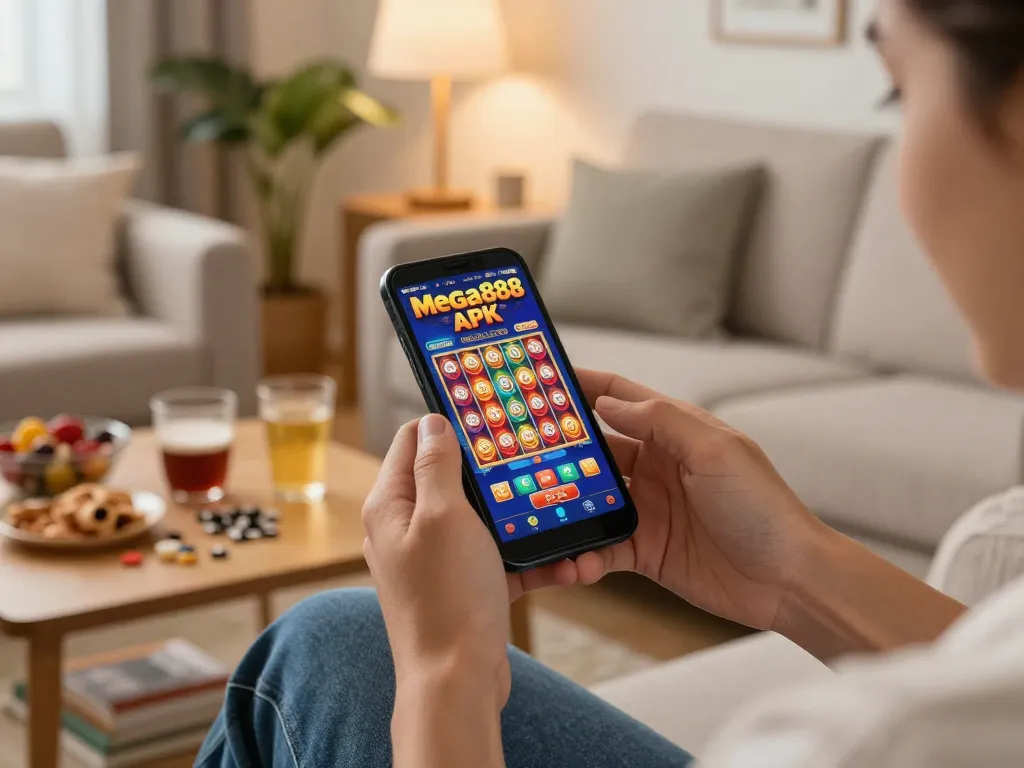 Permainan Mega888 APK di telefon pintar dengan suasana rumah yang selesa dan santai