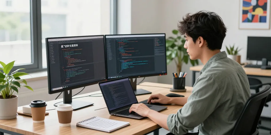 Developer using dual monitors in a modern office setting for 纸飞机中文版官网 coding.