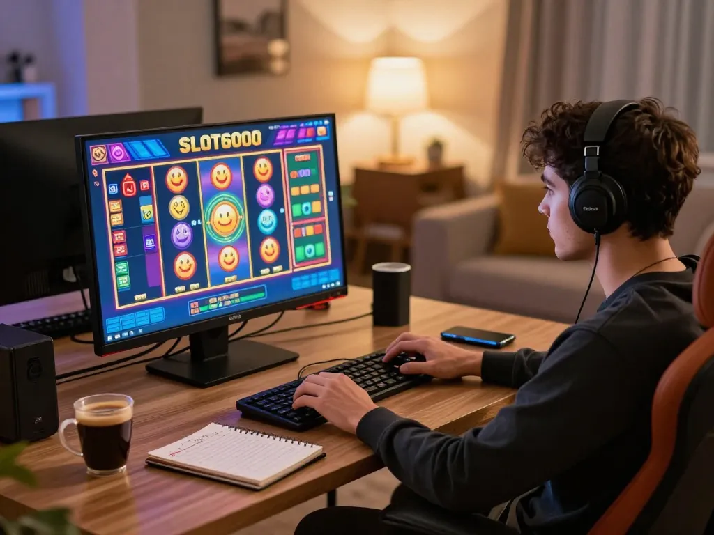 Player engaging with SLOT6000 online slot game on a cozy home setup with strategy notes and coffee