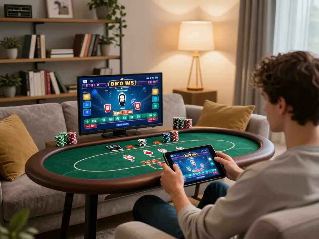 Player engages in online gambling at home using thabet on tablet, showcasing live dealer excitement