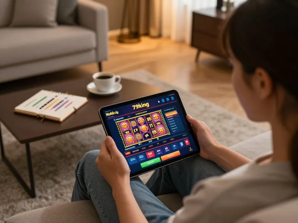 Experience the excitement with Nhà cái 79king while playing slots on a tablet in a cozy living room.
