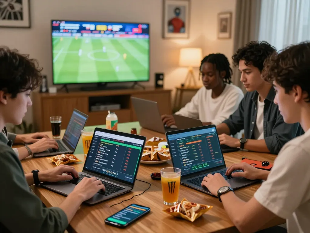 Engaging scene of friends enjoying online betting on bong99, with laptops, smartphones, and a live football match.