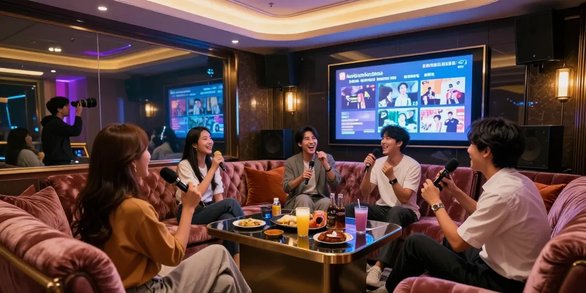 강남쩜오 고급스러운 카라오케 룸에서 친구들과 즐거운 시간을 보내는 장면