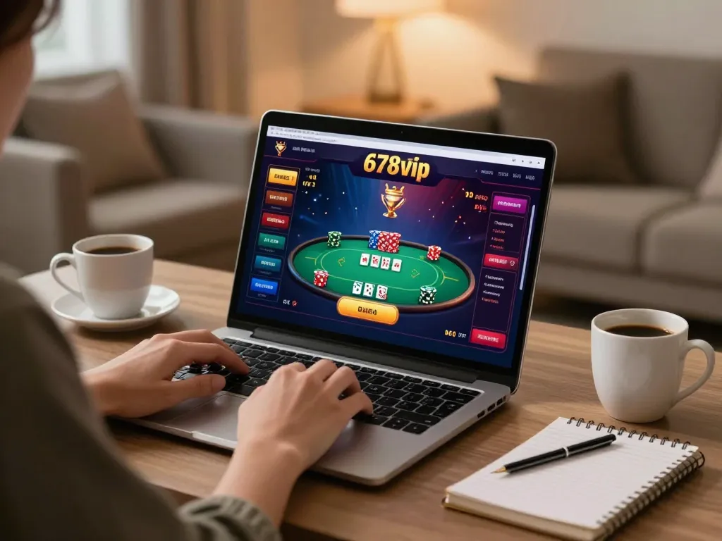 Player enjoying online casino experience at 678vip with laptop and strategic notes.