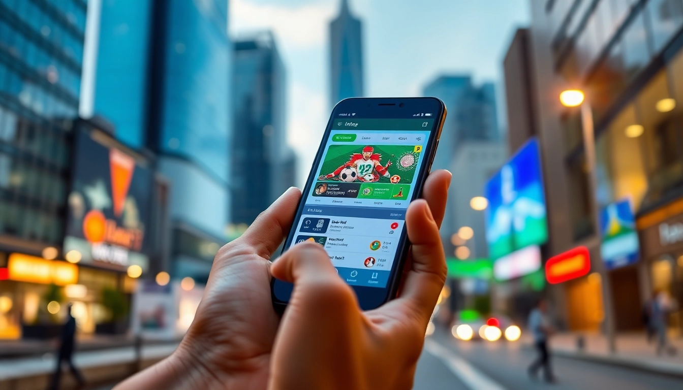 Engaging view of sports betting apps India on a smartphone amidst a vibrant urban background.
