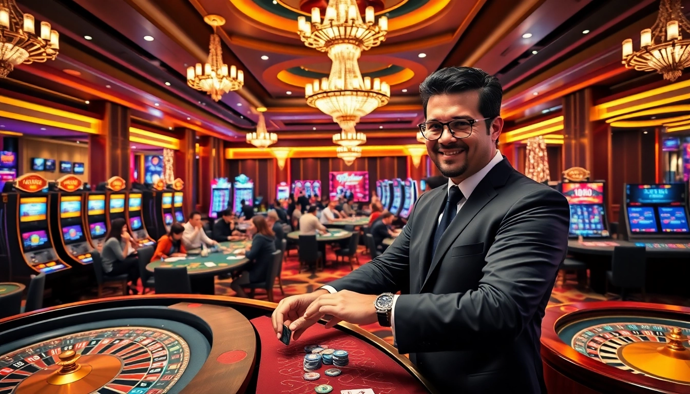 Experience the thrill of XX88 with illuminated casino gaming tables and engaged players.