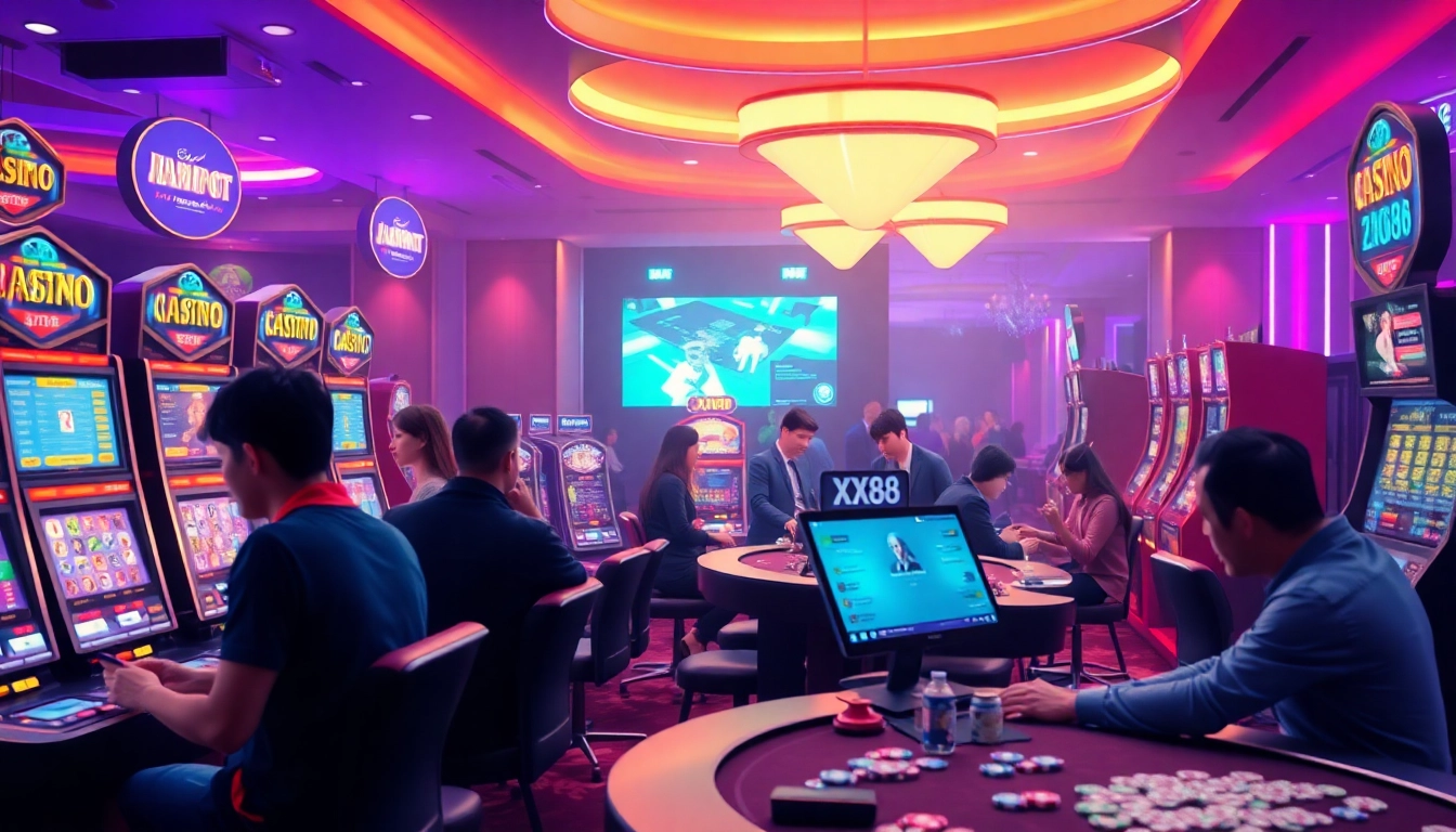 Engaging online gaming atmosphere at XX88 casino with diverse players, technology, and excitement.