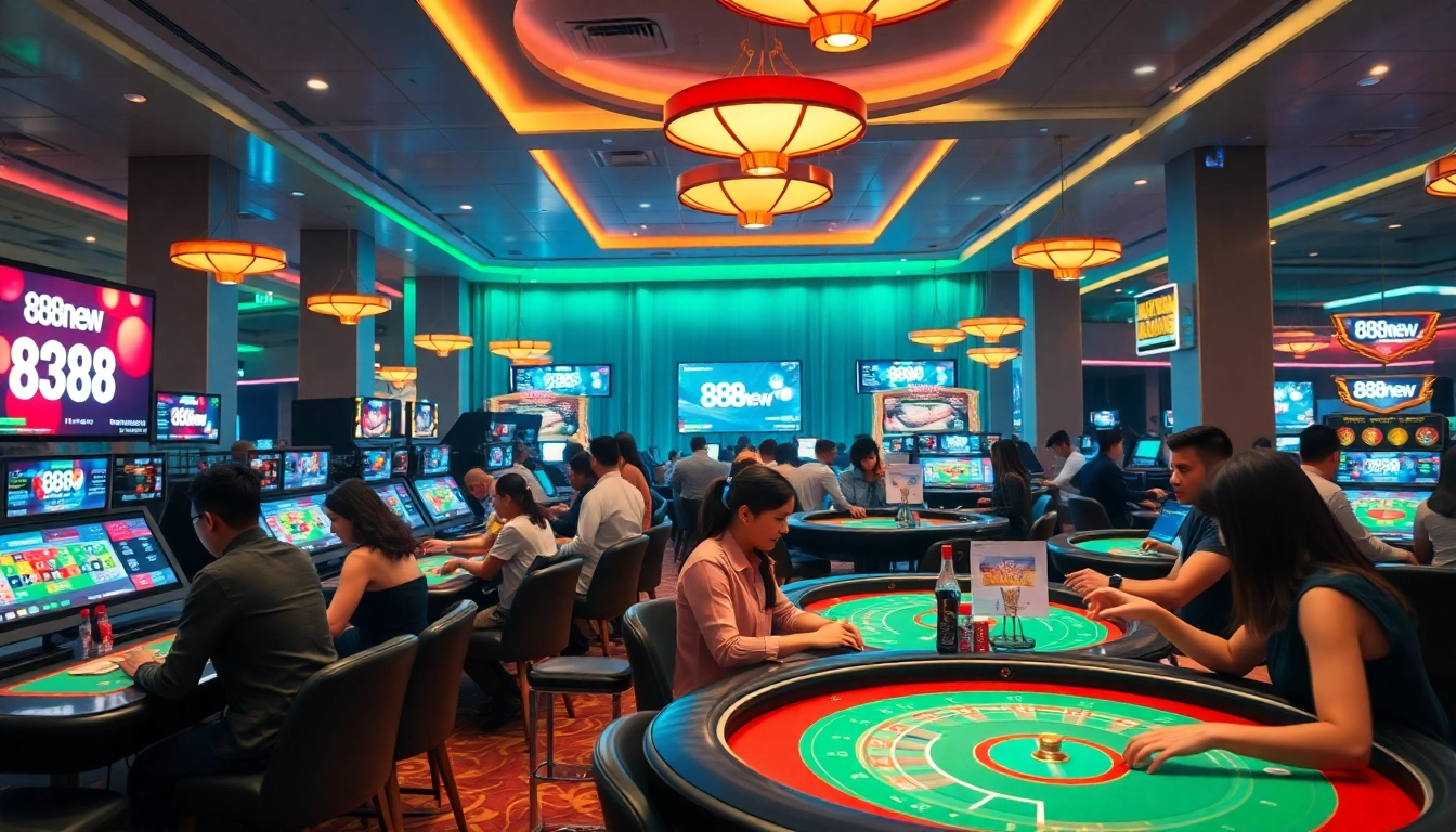 Engaging scene showcasing players at 888new casino tables, emphasizing excitement and security.