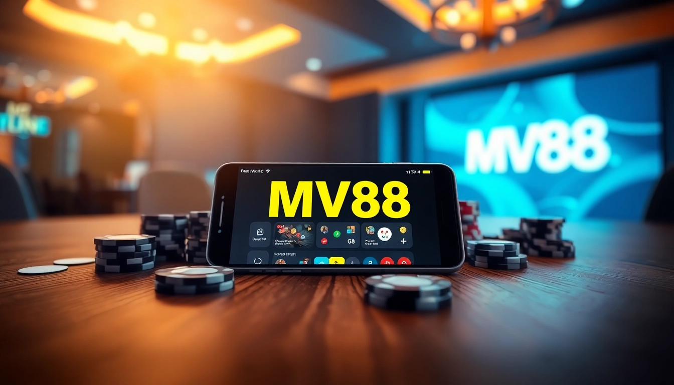MV88 app interface on smartphone in a gaming setting with chips and cards.