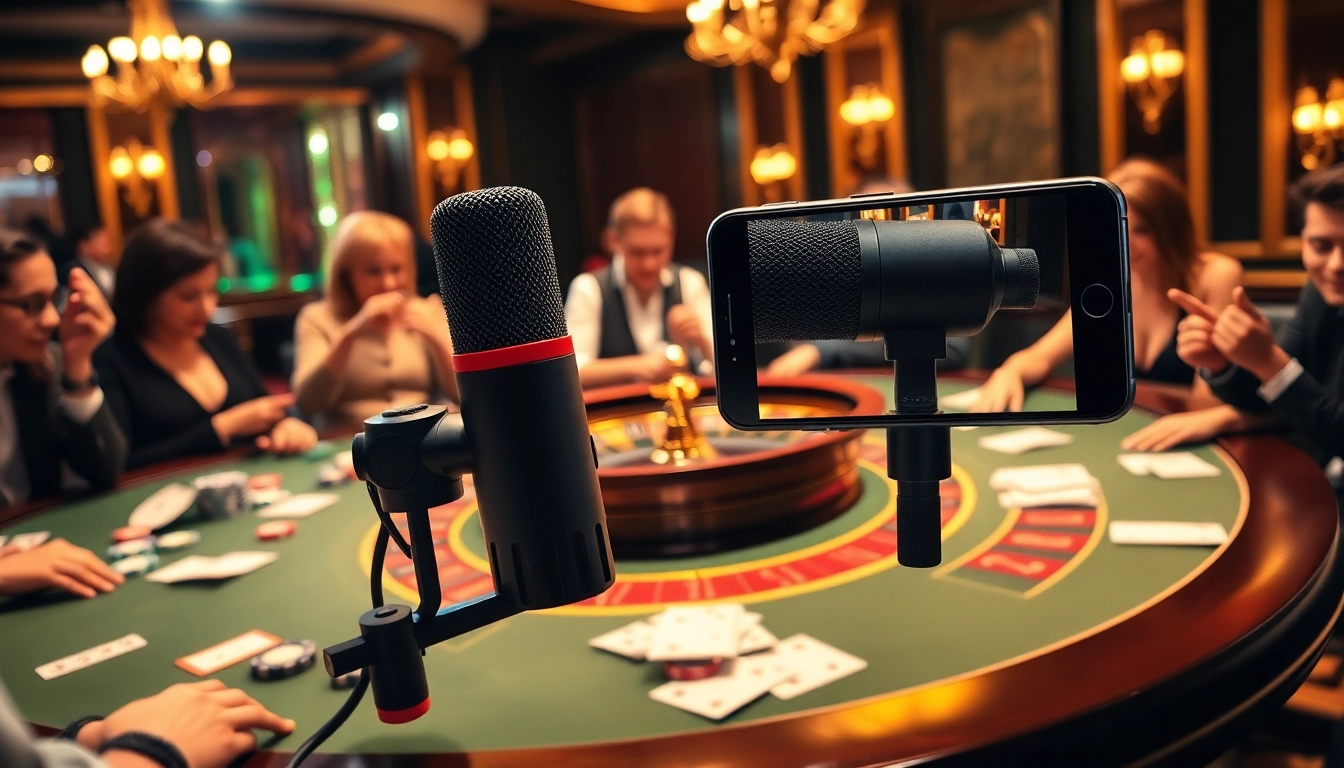 The MV88 microphone enhances audio clarity at a vibrant casino table, capturing thrilling gaming moments.