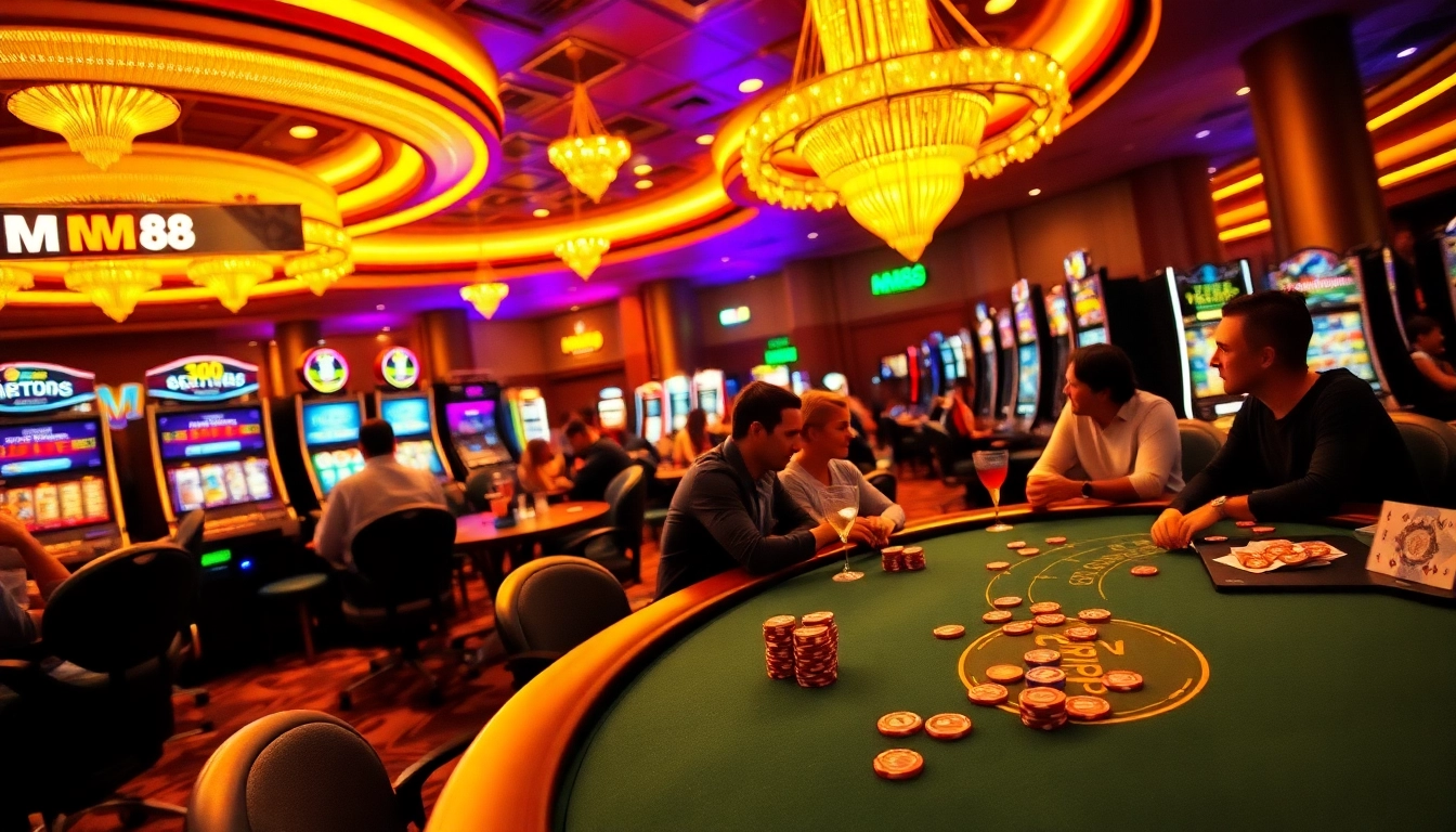 Experience the thrilling atmosphere of MM88 Vegas with vibrant gaming and excited players.