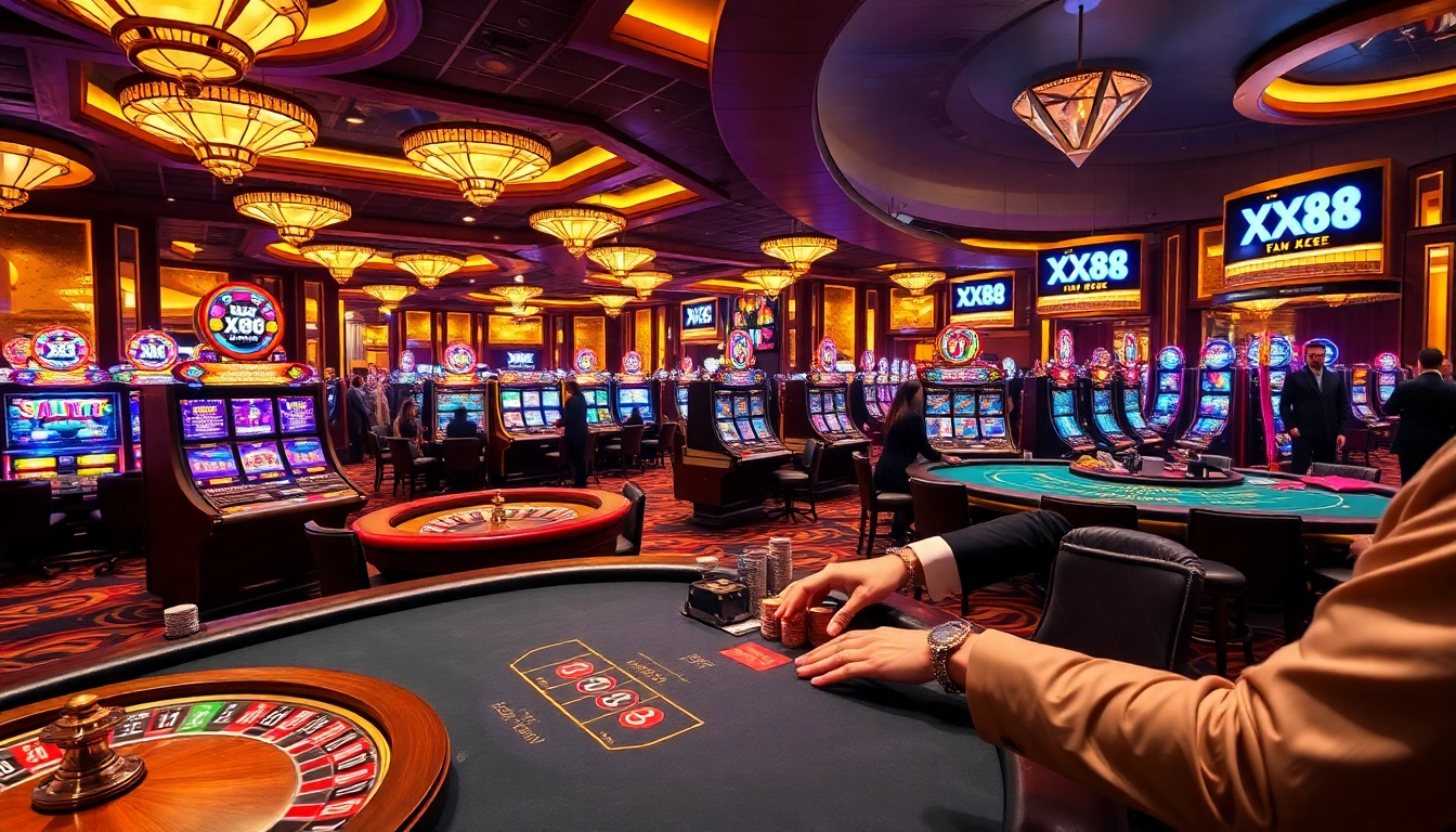 Experience the thrill of XX88 with players celebrating wins at vibrant slot machines and poker tables in a lively casino.