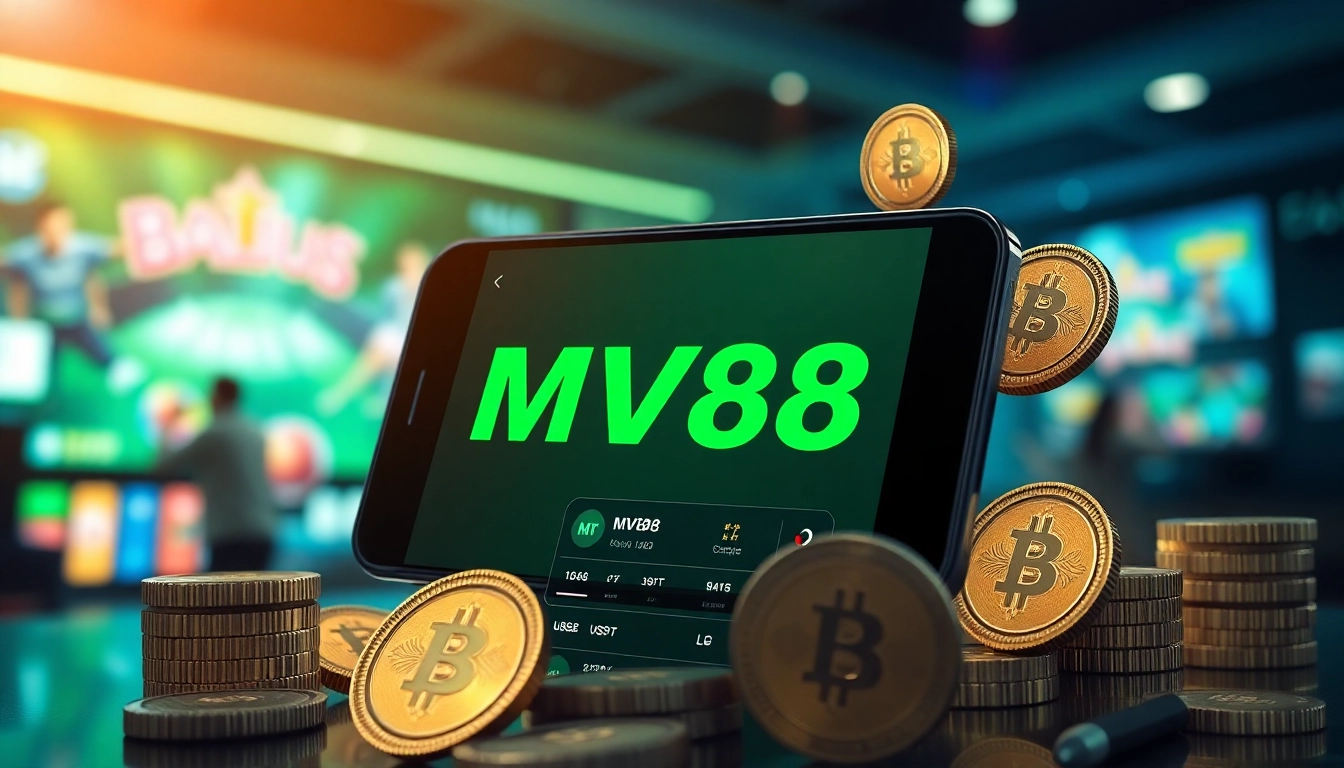 Experience MV88 app interface on a smartphone amidst USDT currencies, highlighting secure online betting.