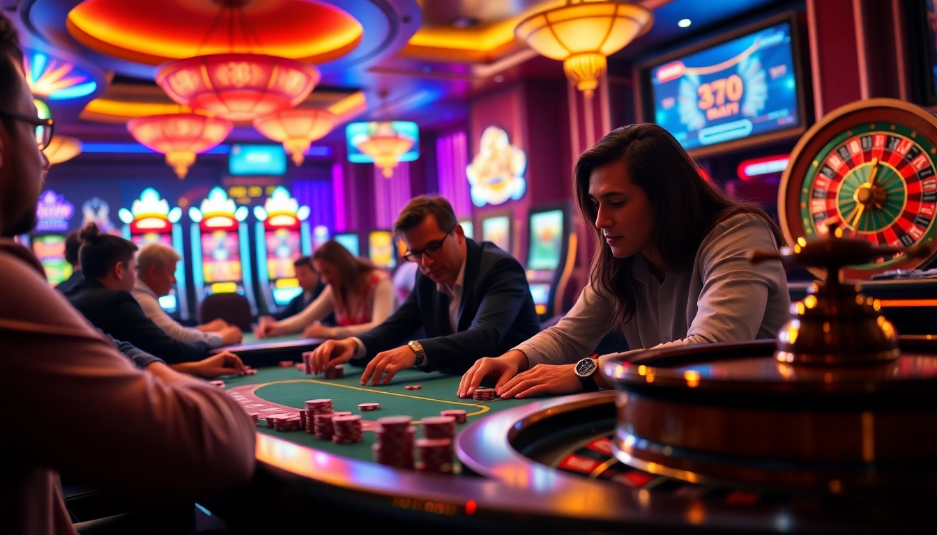 Immerse in lively poker gameplay at https://mm88.video/ featuring players, chips, and a roulette backdrop.