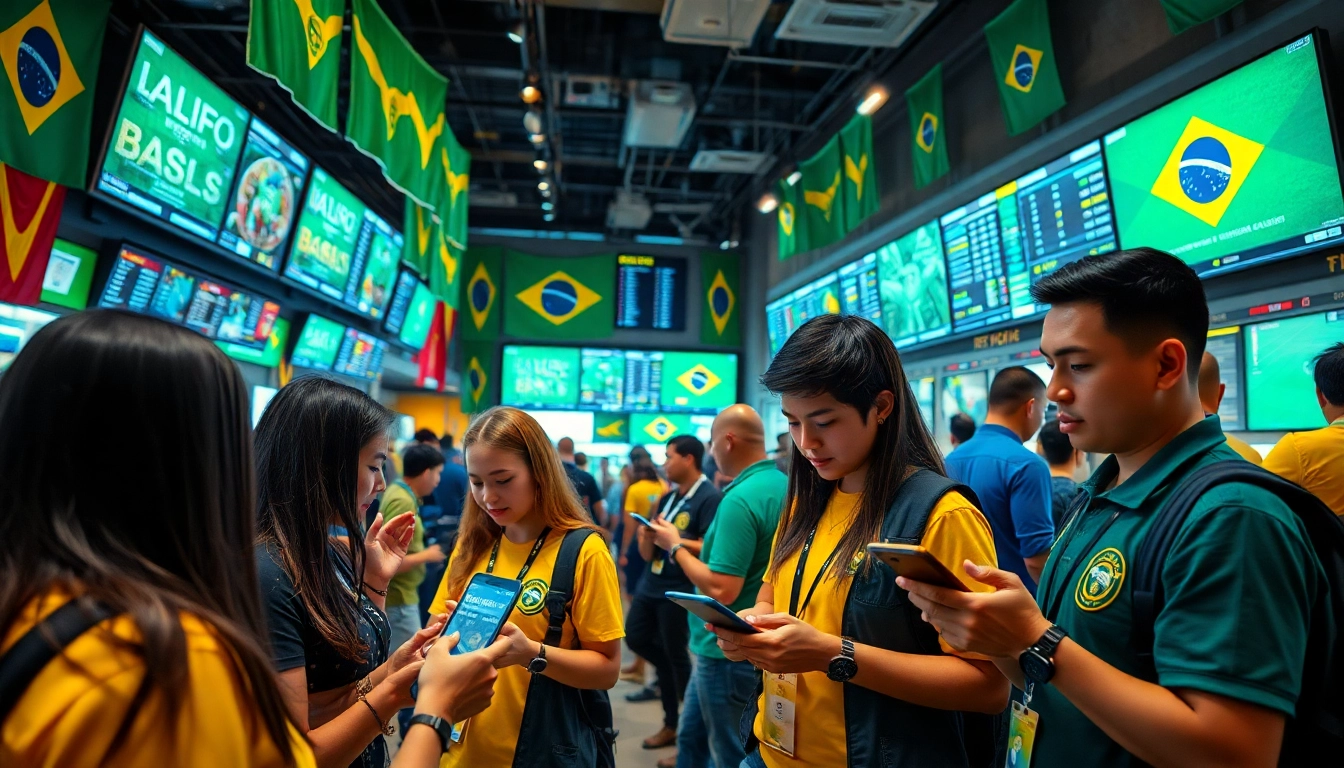 Engaged bettors exploring the best sports betting sites in Brazil in an energetic sports atmosphere.