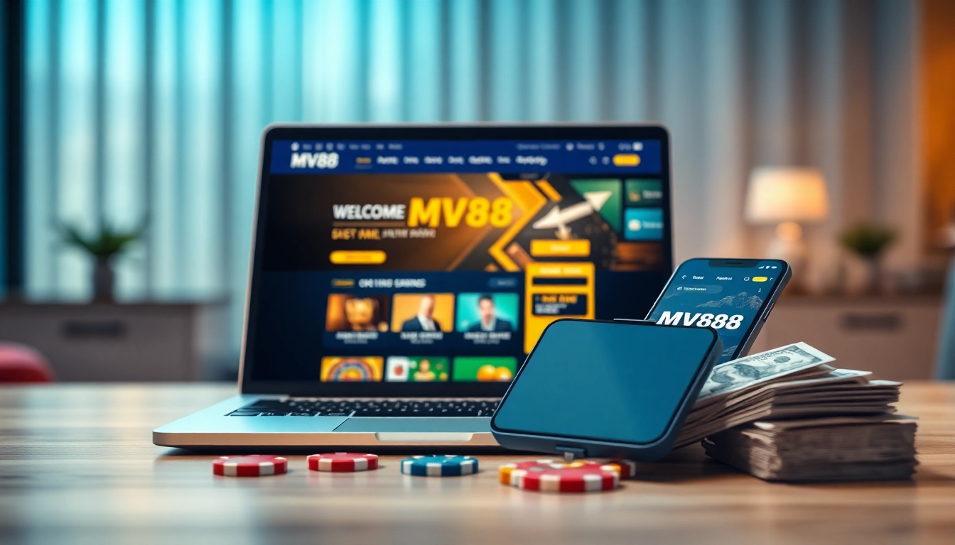 MV88 online gambling interface on a laptop with vibrant graphics and promotional banners.