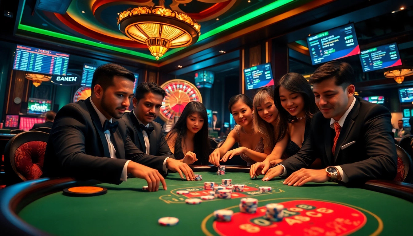 Experience intense gaming at Nhà cái MM88 with players at a poker table, poker chips, and cards in a vibrant casino.
