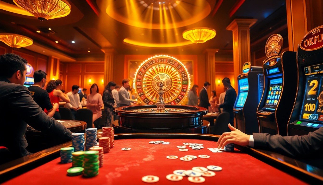 Okfun captures excitement at a casino with roulette and poker, highlighting thrilling gambling moments.