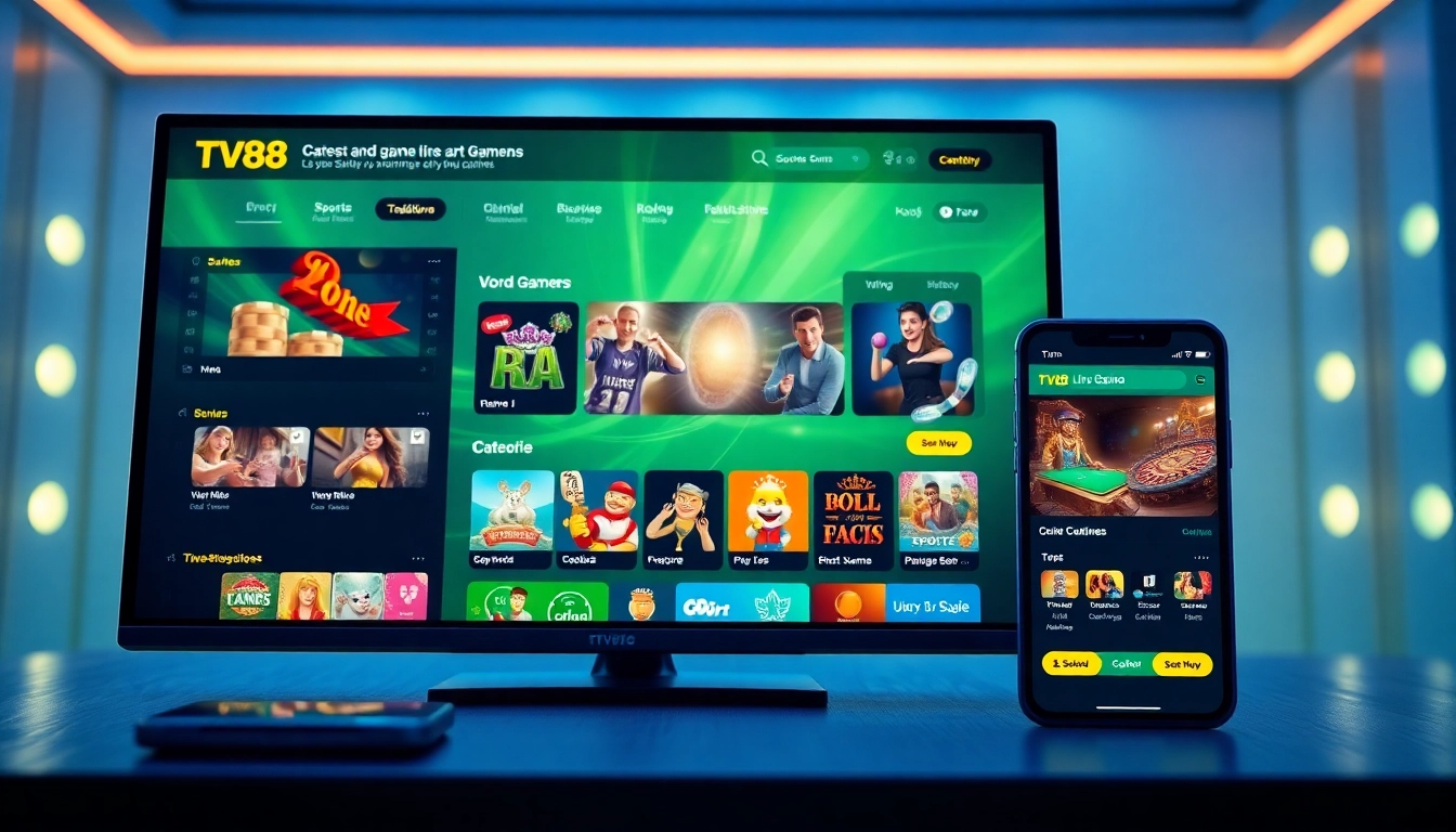 TV88 online gaming platform interface showcasing diverse game categories with a vibrant design.