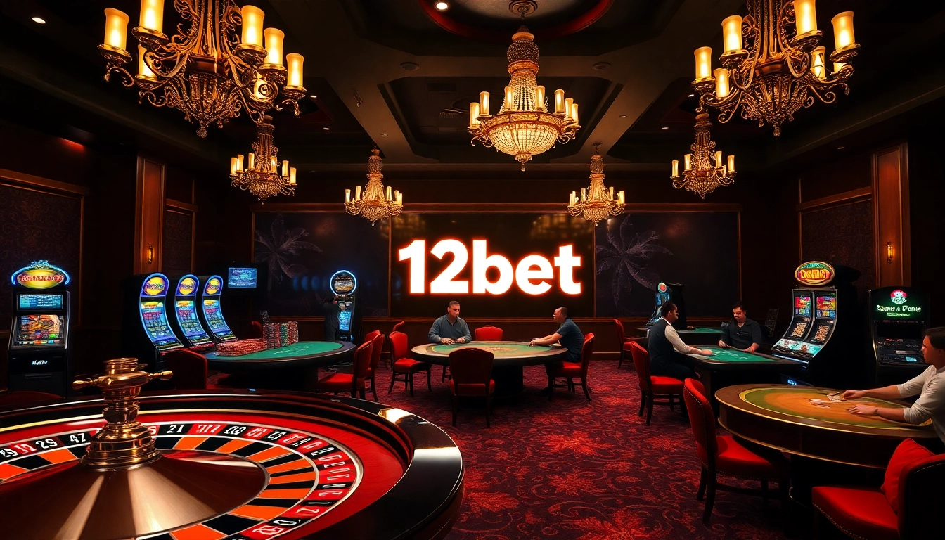 Exciting gambling scene highlighting 12bet with vibrant tables, roulette, and players in action.