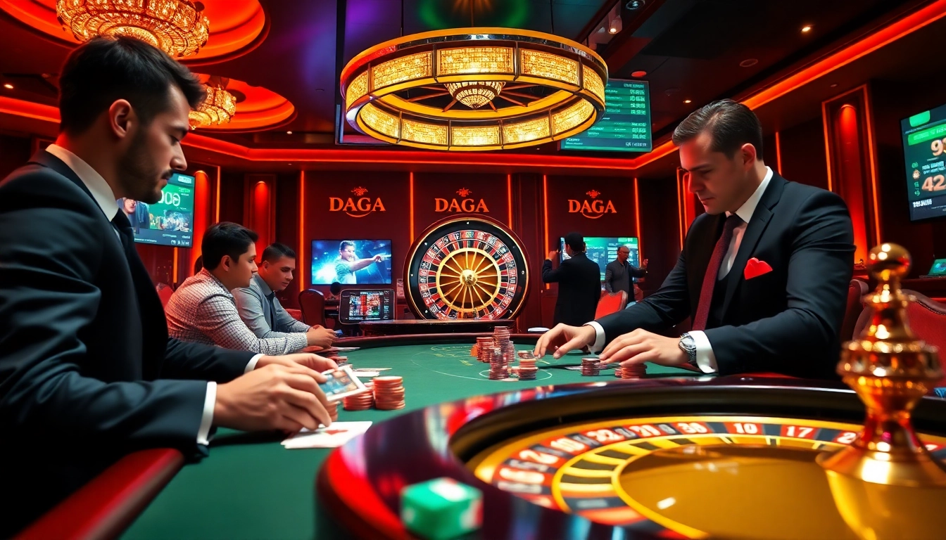 Engaged players at a DAGA-themed casino table, showcasing thrilling gambling action.
