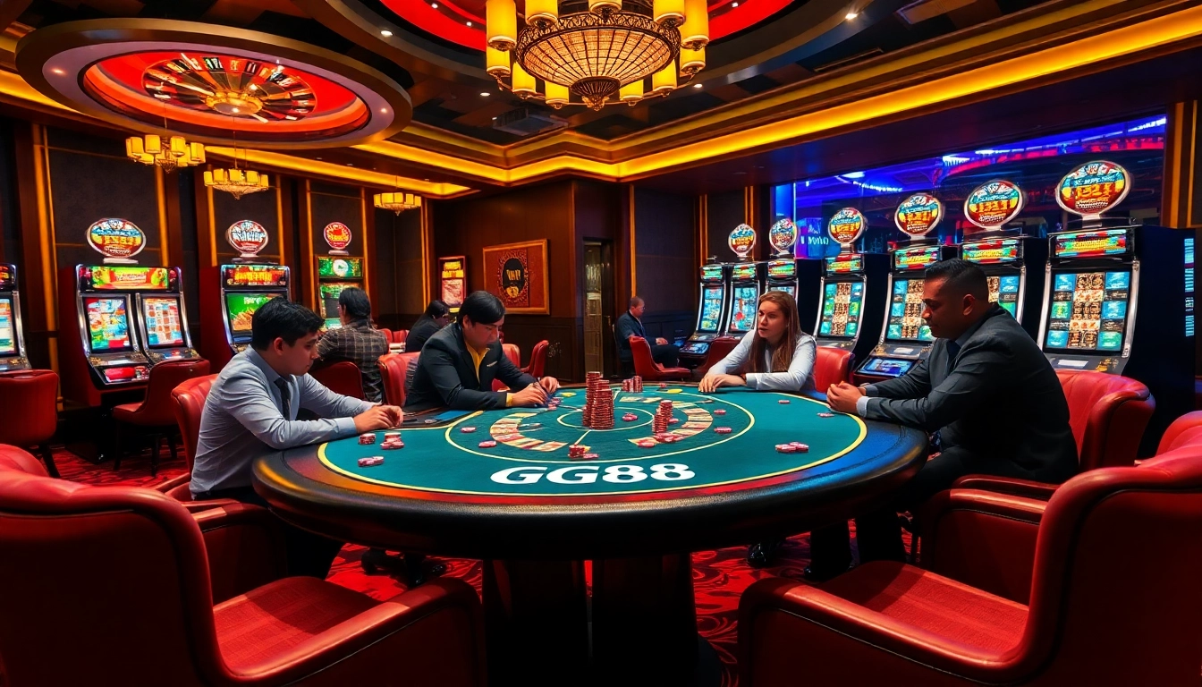 Intense poker gameplay at a GG88 table in a luxurious casino setting.