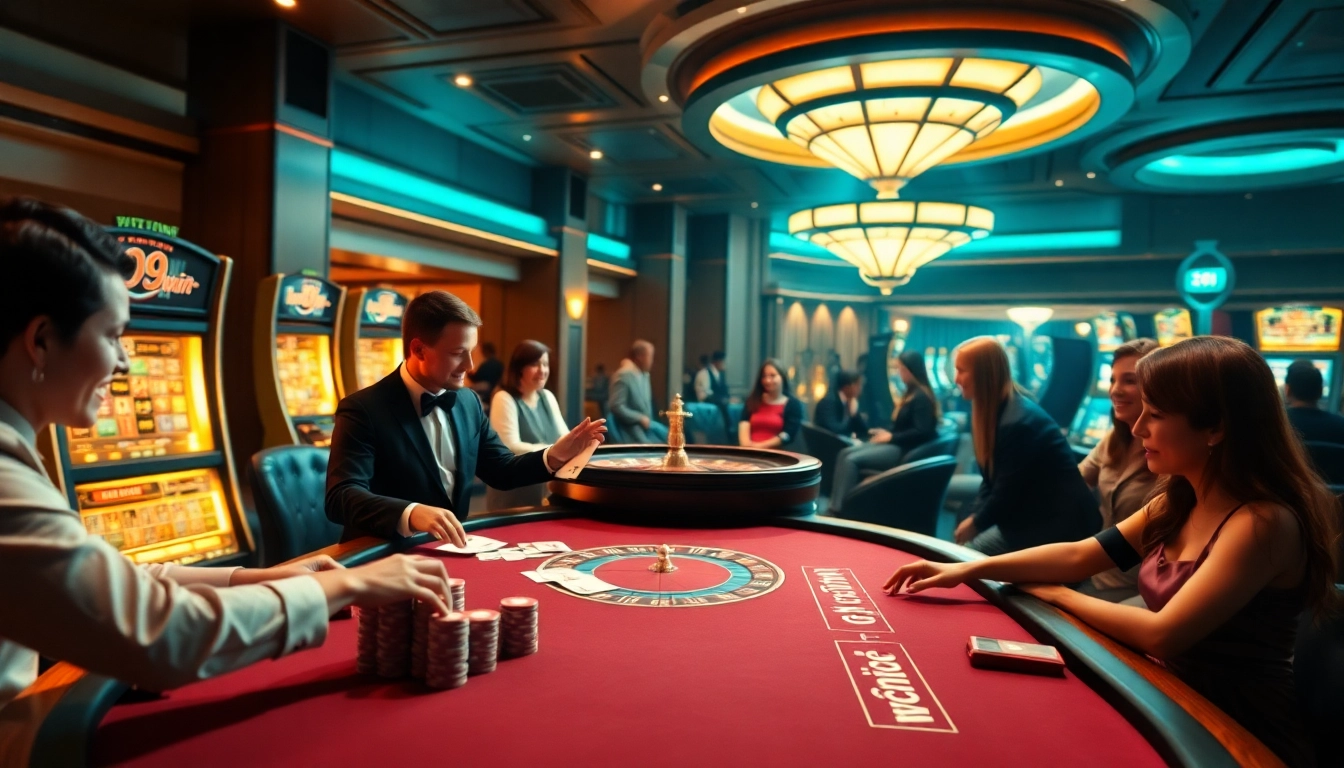 Experience the thrilling atmosphere of 99win with engaging players at a stylish casino table.
