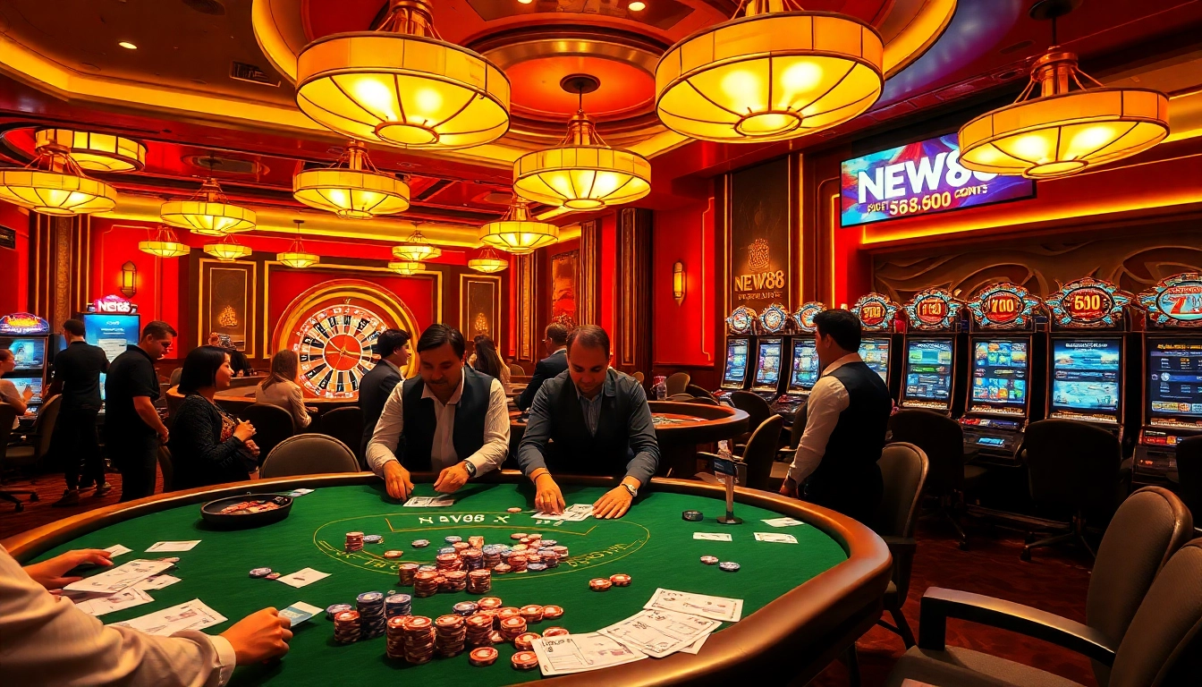 Experience the thrill of NEW88 at a luxurious casino with vibrant tables and excited players.