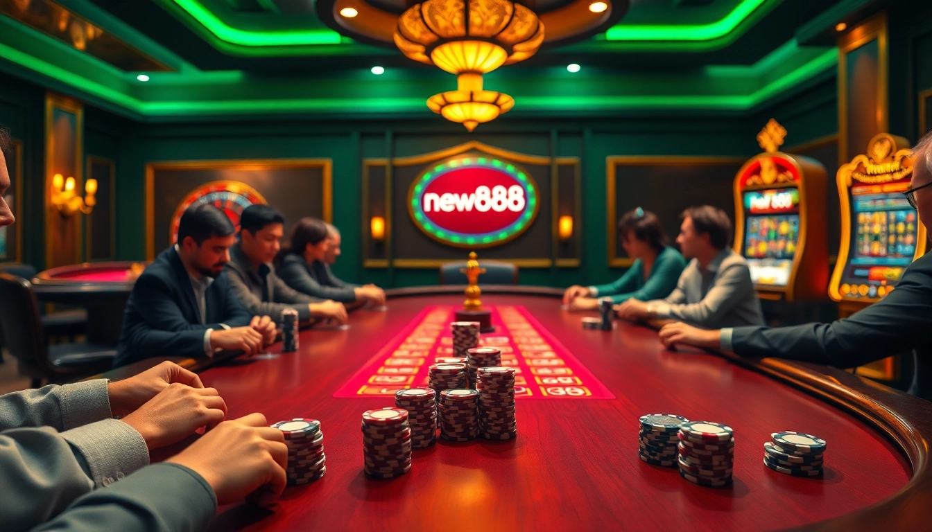 Players strategizing at a blackjack table at new888 casino, showcasing excitement and luxury.