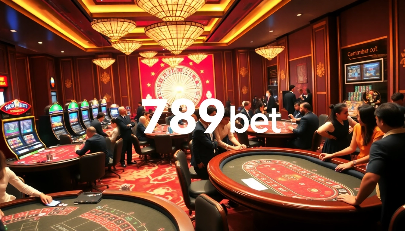 Players enjoying baccarat and poker at a luxurious casino with 789bet branding.
