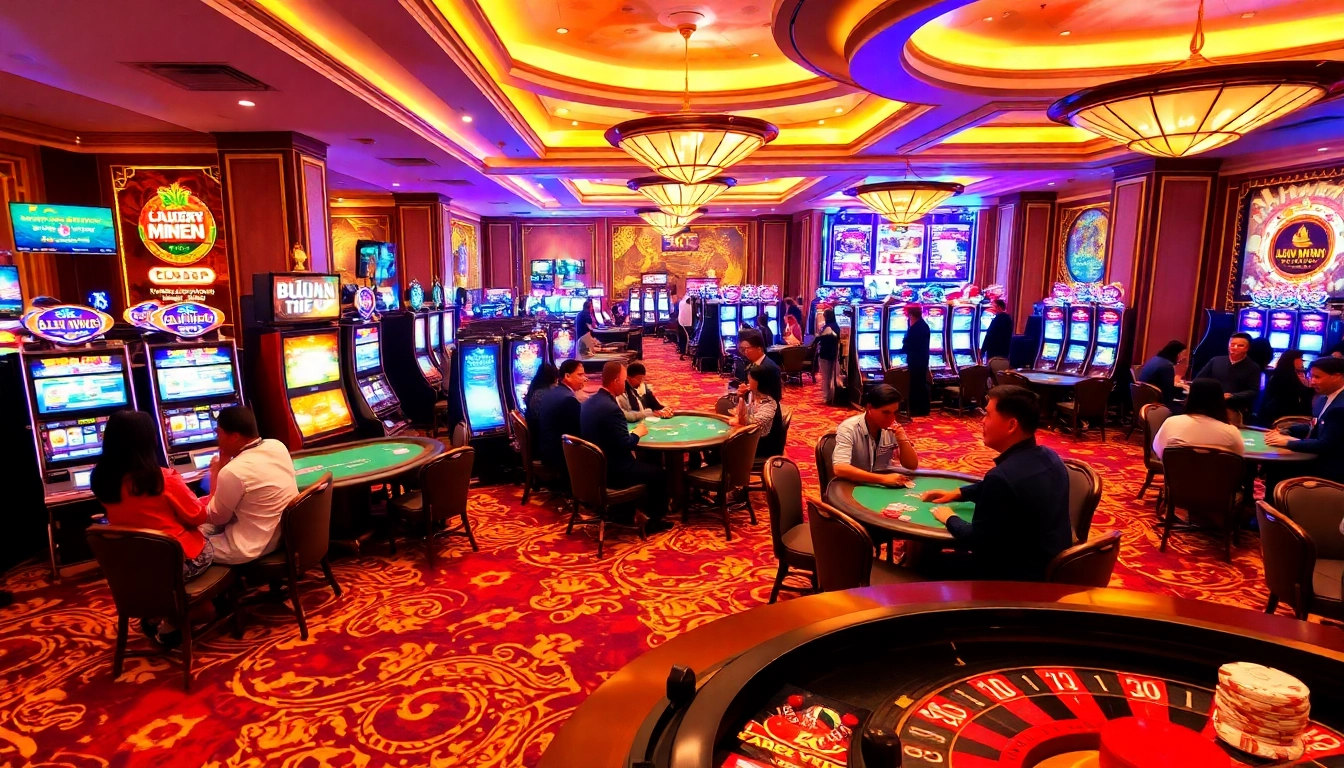 Engaged players winning at various games in a luxurious casino setting, featuring Liên Minh KJC branding.