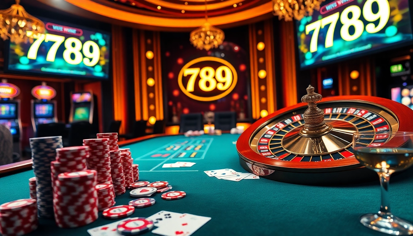 Experience the excitement of poker and roulette as '789 win' glimmers in the luxurious casino setting.