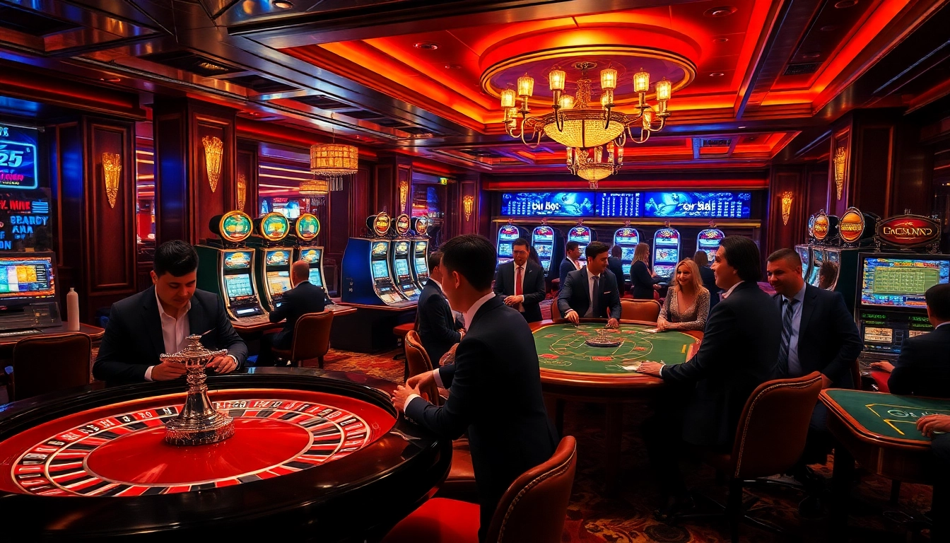 Players enjoying a thrilling experience at a luxurious casino inspired by https://fly88.legal/, featuring roulette and slot machines.