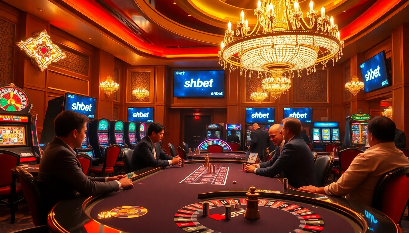 Experience the excitement of shbet with players focused on high-stakes poker in a luxury casino setting.