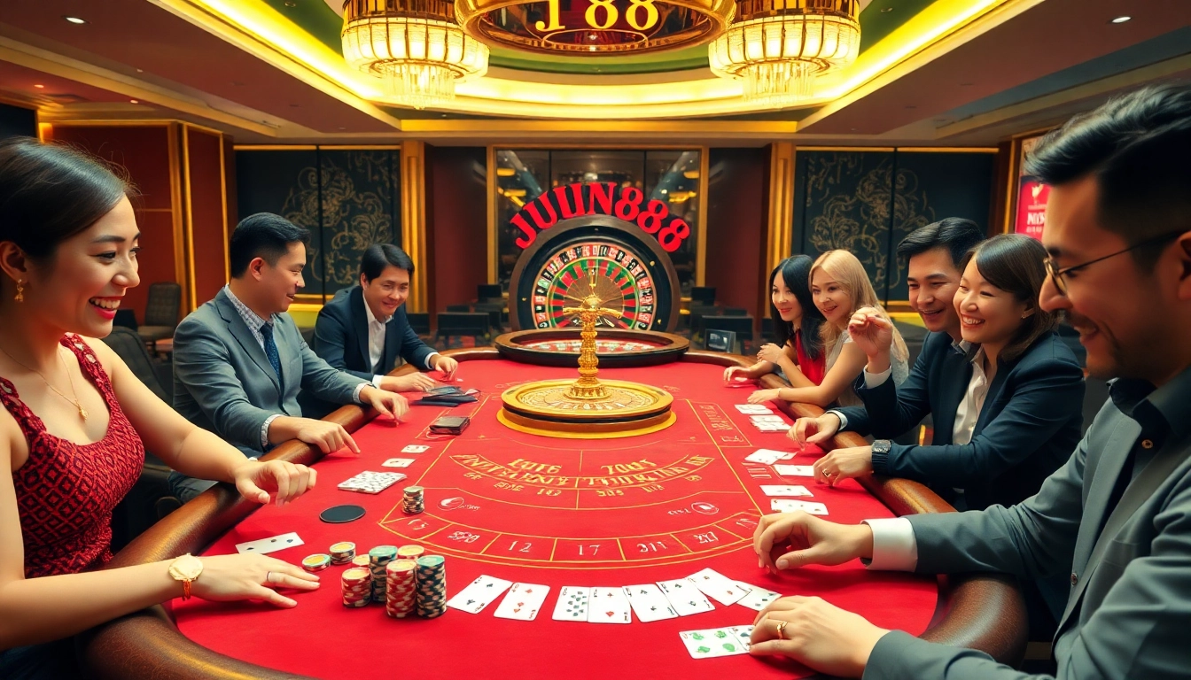 Players enjoying a thrilling baccarat game at Jun88 casino, surrounded by vibrant chips and cards.