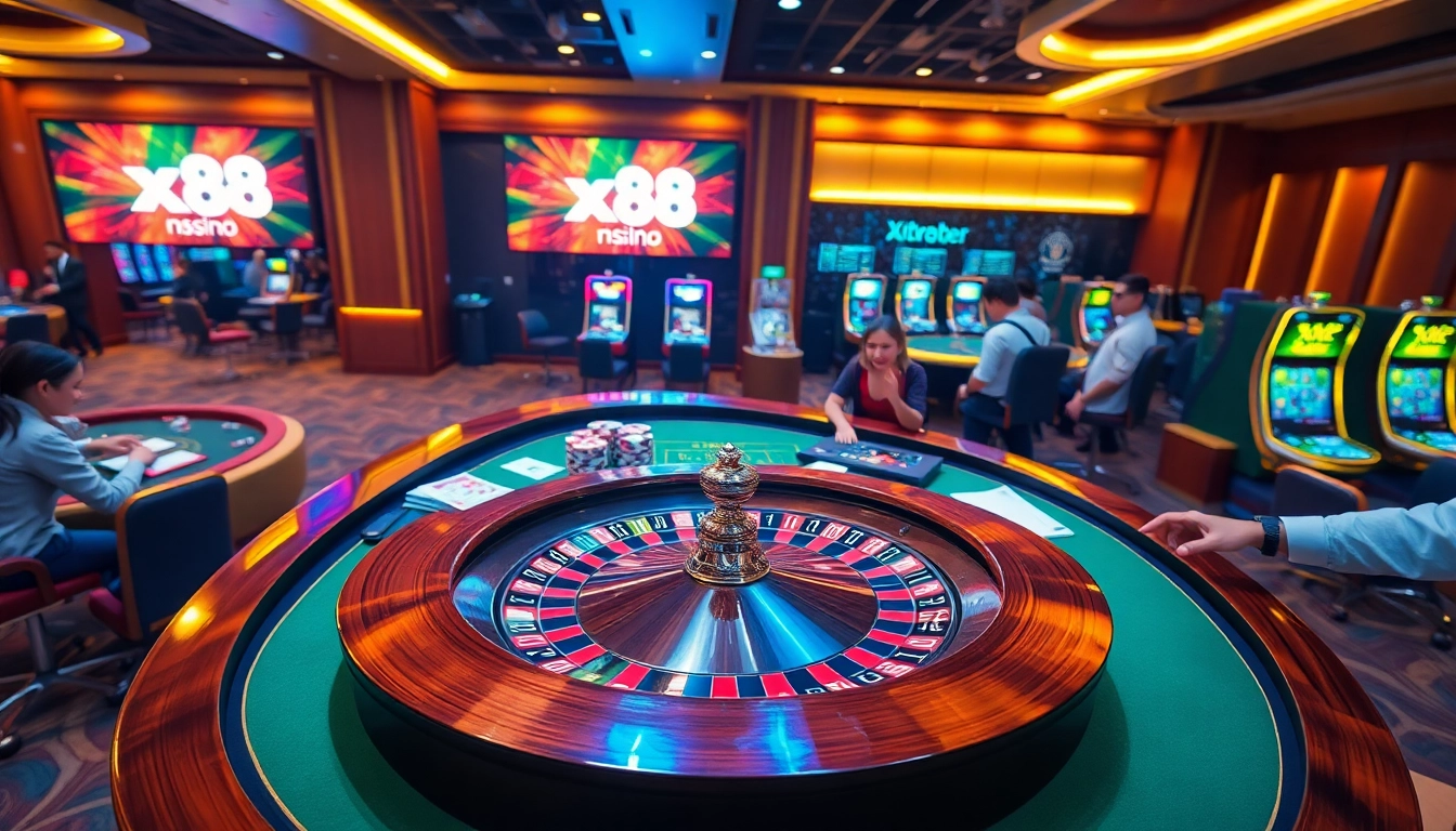 Players enjoying high-stakes action at xx88 casino table with vibrant graphics and luxury atmosphere.