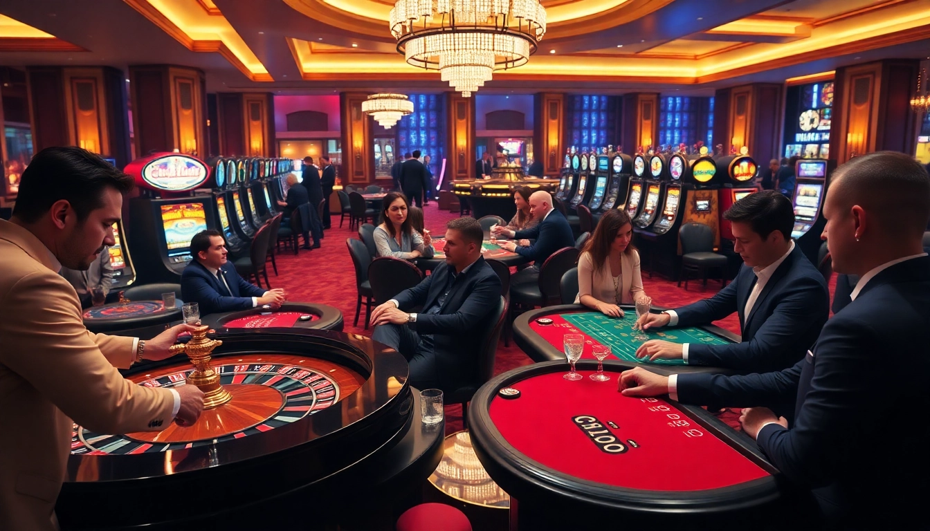 Experience the vibrant atmosphere of 79king04 with lively casino tables, thrilling slot machines, and stylish players.