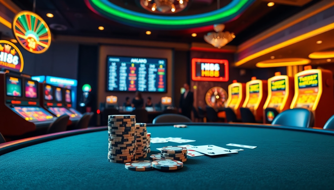 Engaging poker game setup at Hi88 casino, showcasing vibrant chips and cards.