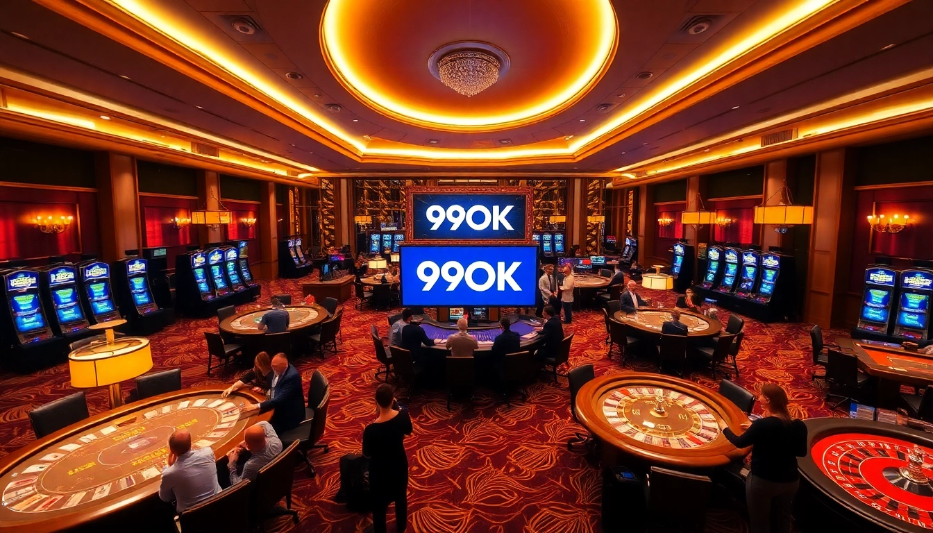 Experience the vibrant atmosphere of 99OK casino, featuring players and gaming tables in action.